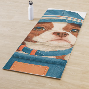 Watercolor Cute Brown White Dog Blue Hat Pet Yoga Mat