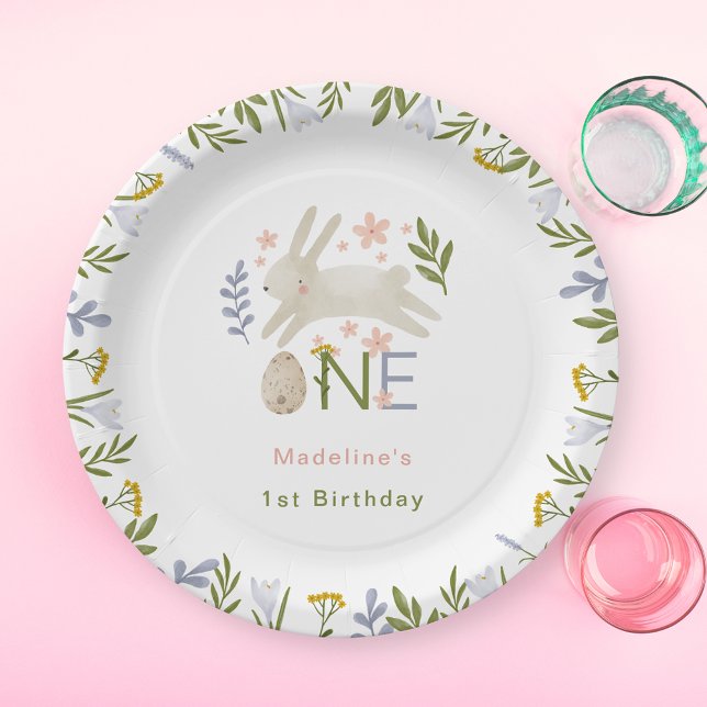 Watercolor Cute Bunny Girl 1st Birthday Paper Plate (Creator Uploaded)