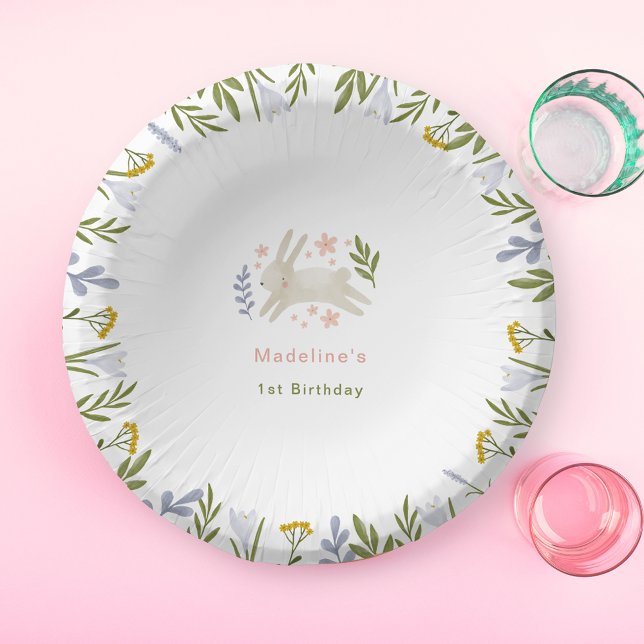 Watercolor Cute Bunny Girl 1st Birthday Paper Plate (Creator Uploaded)