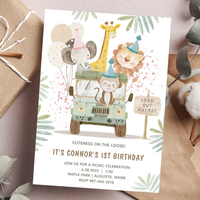Watercolor Cute Car Animals Zoo 1st Birthday  Invitation (Creator Uploaded)