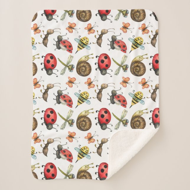 Watercolor Cute Cartoon Bugs Insects Nature Art Sherpa Blanket (Front)