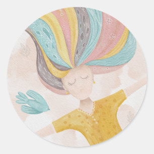 Watercolor cute cartoon girl. Pink fairy fantasy  Classic Round Sticker
