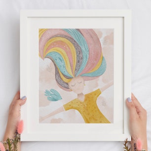 Watercolor cute cartoon girl. Pink fairy fantasy  Poster