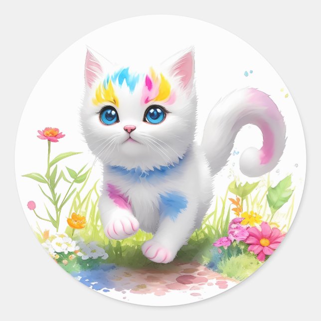 Watercolor Cute cat  Classic Round Sticker (Front)