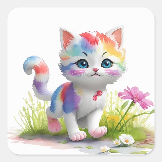 Watercolor Cute cat  Square Sticker (Front)