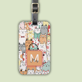 Watercolor Cute Cats Name On Monogram Travel Luggage Tag