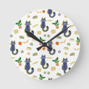 Watercolor Cute Cats Pattern Round Clock