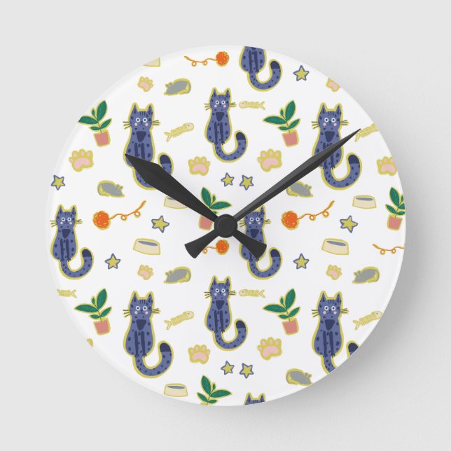 Watercolor Cute Cats Pattern Round Clock (Front)