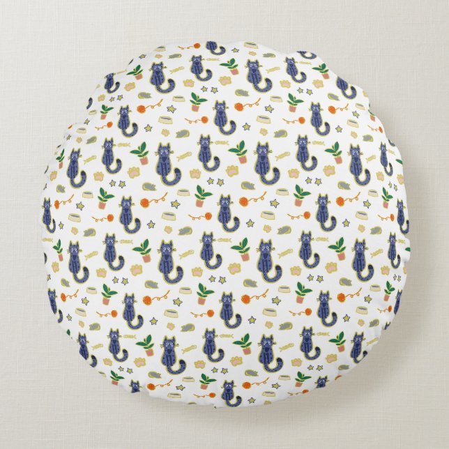 Watercolor Cute Cats Pattern Round Cushion (Front)