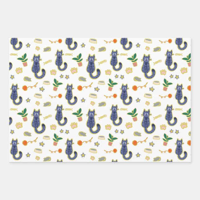 Watercolor Cute Cats Pattern Wrapping Paper Sheet (Front)