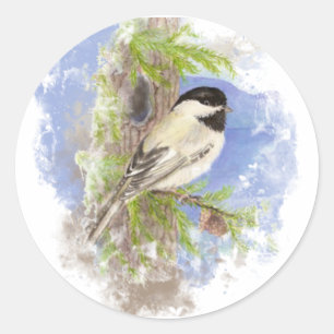 Watercolor Cute Chickadee Bird Nature Art Classic Round Sticker