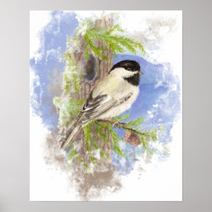Watercolor Cute Chickadee Bird Nature Art Poster