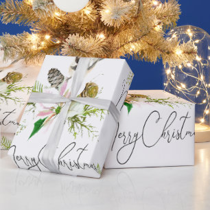 Watercolor Cute Chickadee Bird Pointsettia Flower Wrapping Paper