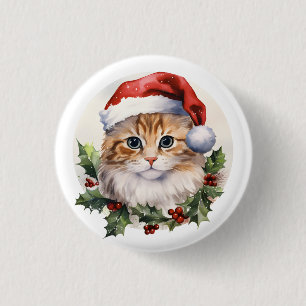 Watercolor Cute Christmas Cat In Santa Hat 3 Cm Round Badge