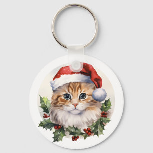 Watercolor Cute Christmas Cat In Santa Hat Key Ring