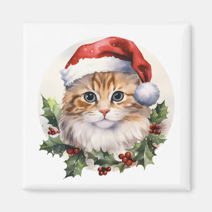 Watercolor Cute Christmas Cat In Santa Hat Magnet
