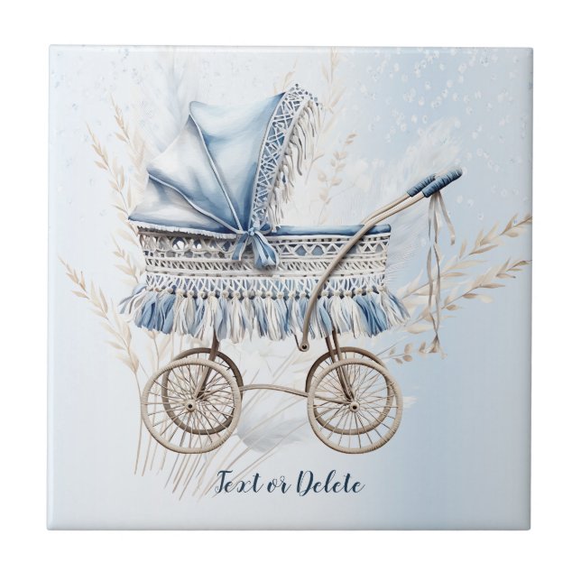 Watercolor Cute Classic Baby Stroller Blue Floral Tile (Front)