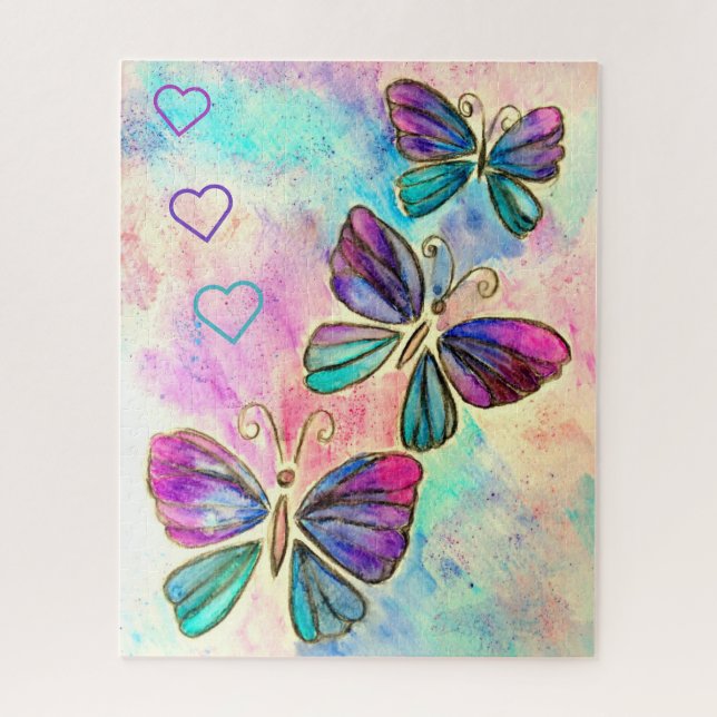 Watercolor - Cute Colourful Butterflies - Hearts - Jigsaw Puzzle (Vertical)