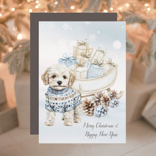 Watercolor Cute & Cosy Little White Dog Happy Holiday Card