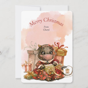 Watercolor Cute Cow Christmas Card