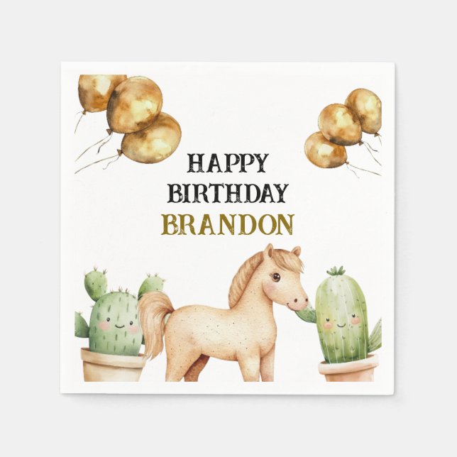 Watercolor Cute Cowboy 1st Rodeo Birthday Napkin (Front)