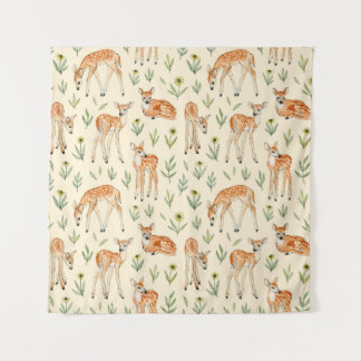 Watercolor cute deer with wild flowers seamless pa tapestry