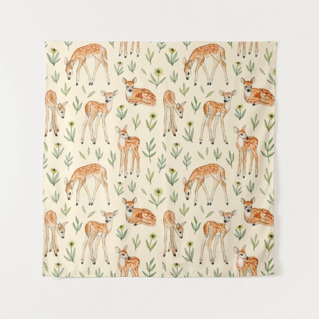 Watercolor cute deer with wild flowers seamless pa tapestry (Front)