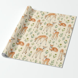 Watercolor cute deer with wild flowers seamless pa wrapping paper
