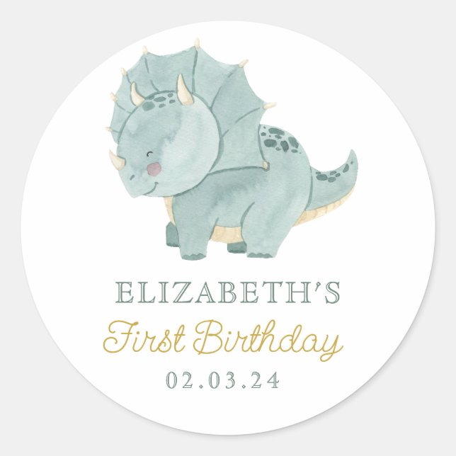 Watercolor Cute Dino Birthday Classic Round Sticker (Front)