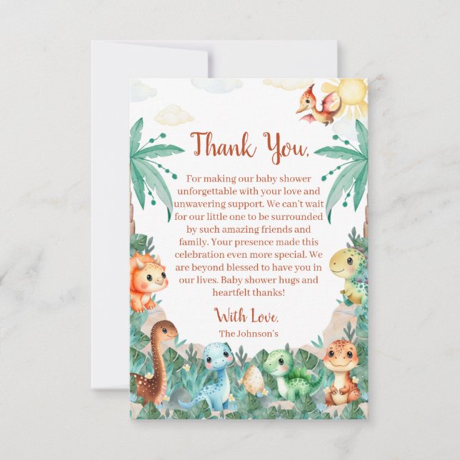 Watercolor Cute Dinosaur Boy Baby Shower Thank You Card (Front)