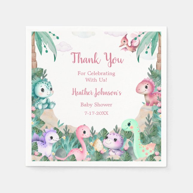 Watercolor Cute Dinosaur Girl Baby Shower Napkin (Front)