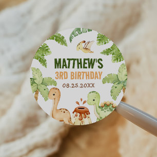 Watercolor Cute Dinosaur Greenery 3rd  Birthday Classic Round Sticker