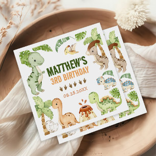 Watercolor Cute Dinosaur Greenery 3rd  Birthday Napkin