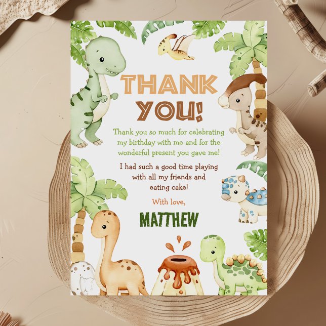 Watercolor Cute Dinosaur Greenery Birthday Thank You Card (Creator Uploaded)