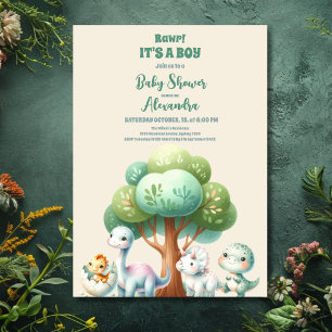 Watercolor Cute Dinosaur Greenery Boy Baby Showe Invitation