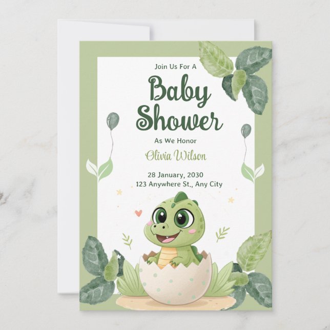 Watercolor Cute Dinosaur Greenery Boy Baby Shower Invitation (Front)