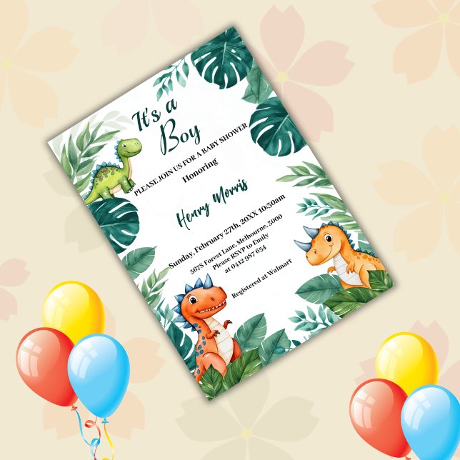 Watercolor Cute Dinosaur Greenery Boy Baby Shower  Invitation (Creator Uploaded)
