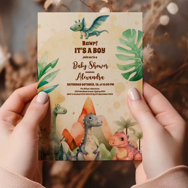 Watercolor Cute Dinosaur Greenery Boy Baby Shower Invitation (Creator Uploaded)