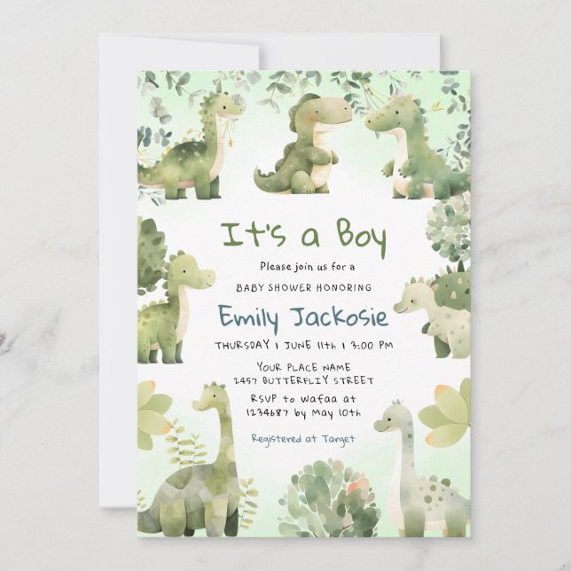 Watercolor Cute Dinosaur Greenery Boy Baby Shower  Invitation (Front)