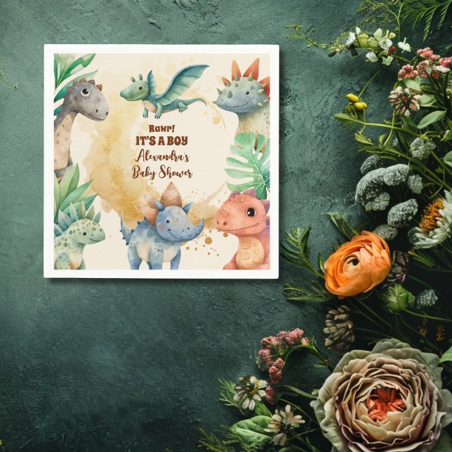 Watercolor Cute Dinosaur Greenery Boy Baby Shower Napkin (Creator Uploaded)