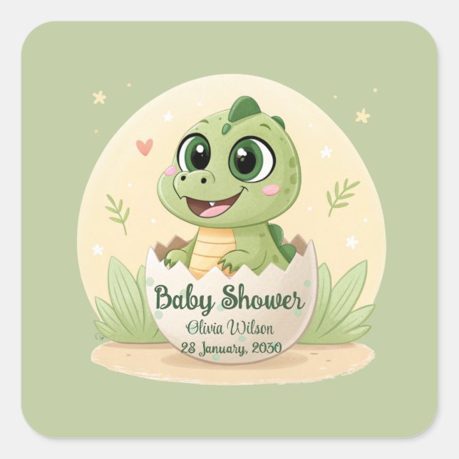 Watercolor Cute Dinosaur Greenery Boy Baby Shower Square Sticker (Front)