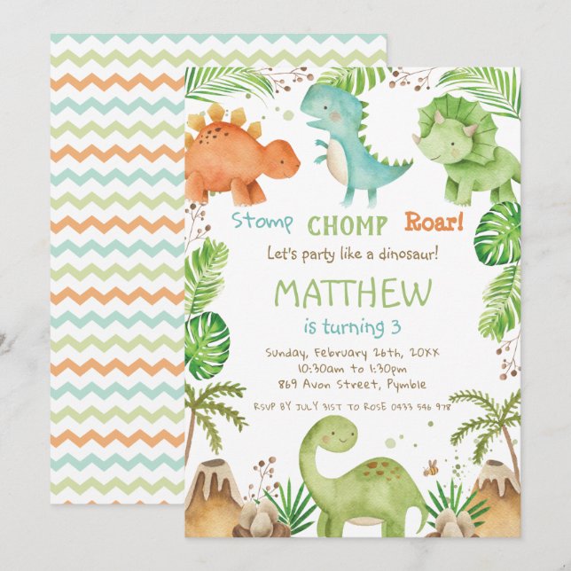 Watercolor Cute Dinosaur Greenery Boy Birthday Invitation (Front/Back)