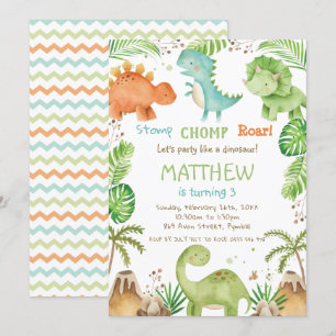 Watercolor Cute Dinosaur Greenery Boy Birthday Invitation