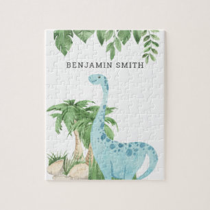Watercolor Cute Dinosaur Personalised Name Jigsaw Puzzle