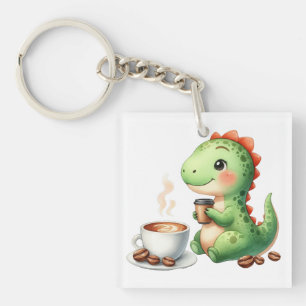 watercolor Cute Dinosaur T Rex drinking Acrylic Key Ring