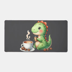 watercolor Cute Dinosaur T Rex drinking coffee Desk Mat