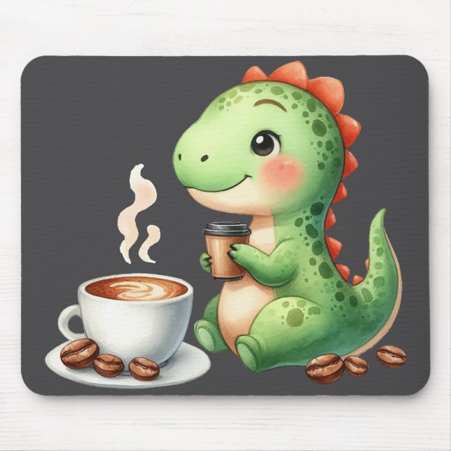 watercolor Cute Dinosaur T Rex drinking coffee Mouse Mat (Front)