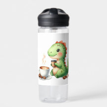 watercolor Cute Dinosaur T Rex drinking coffee
