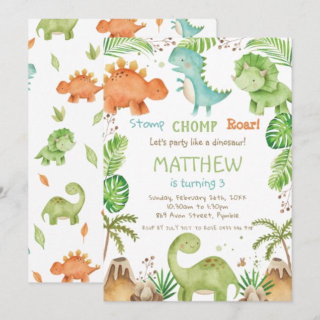 Watercolor Cute Dinosaurs Greenery Boy Birthday  Invitation (Front/Back)