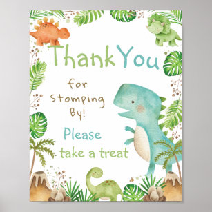 Watercolor Cute Dinosaurs Greenery Thank You Treat Poster